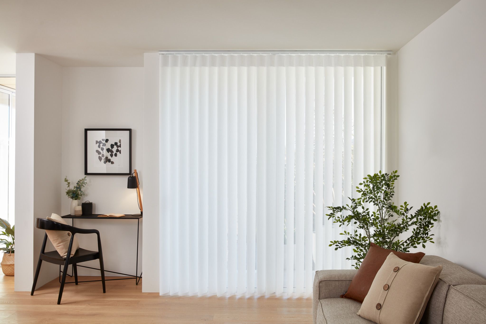 Off-white Veri Shade Blinds in a modern lounge area of a home