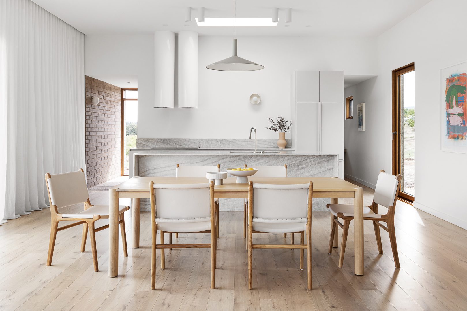 Kitchen and dining with Floor to ceiling Wave Fold Sheer Curtains