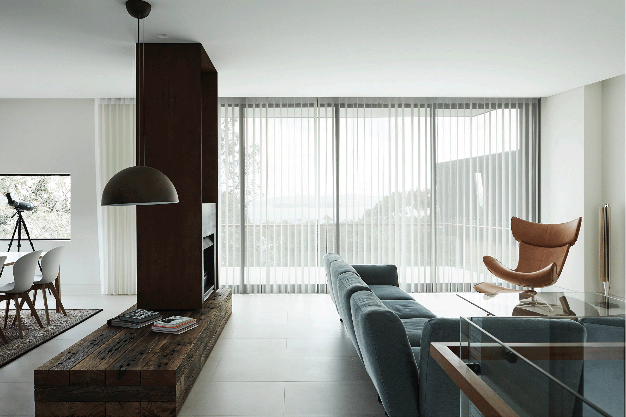 Off-white Veri Shade Blinds covering a floor-to-ceiling window in a modern home