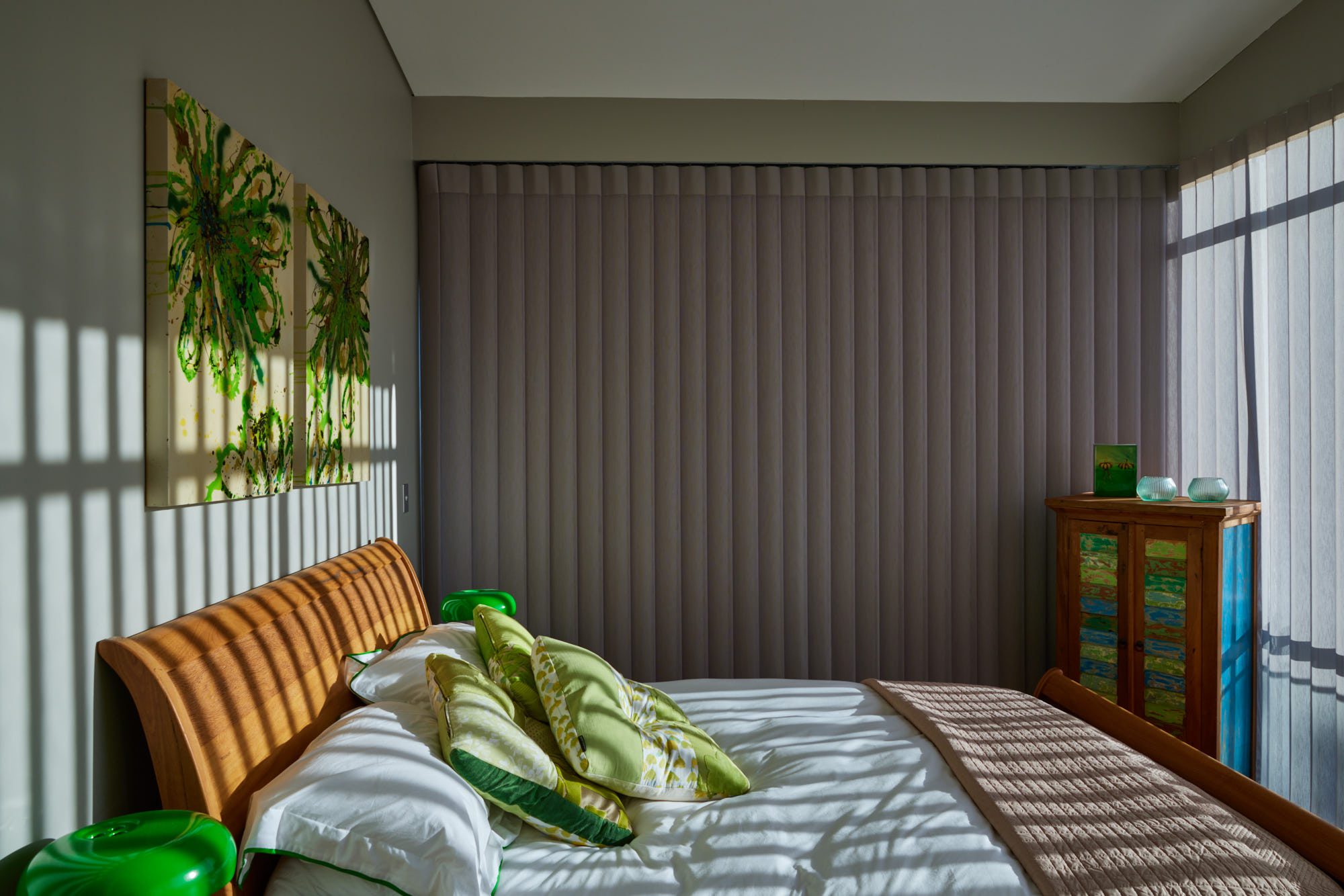 Dark coloured Veri Shades fully closed in bedroom